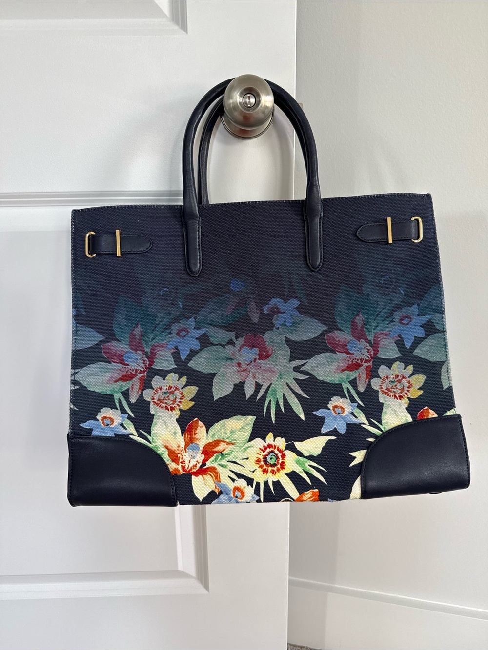 Lauren Ralph Lauren Floral Print Navy Tote Bag with Black Trim